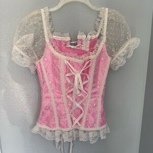 Pink and White Paisley Lace-Up Corset with Sheer Polka Dot Sleeves